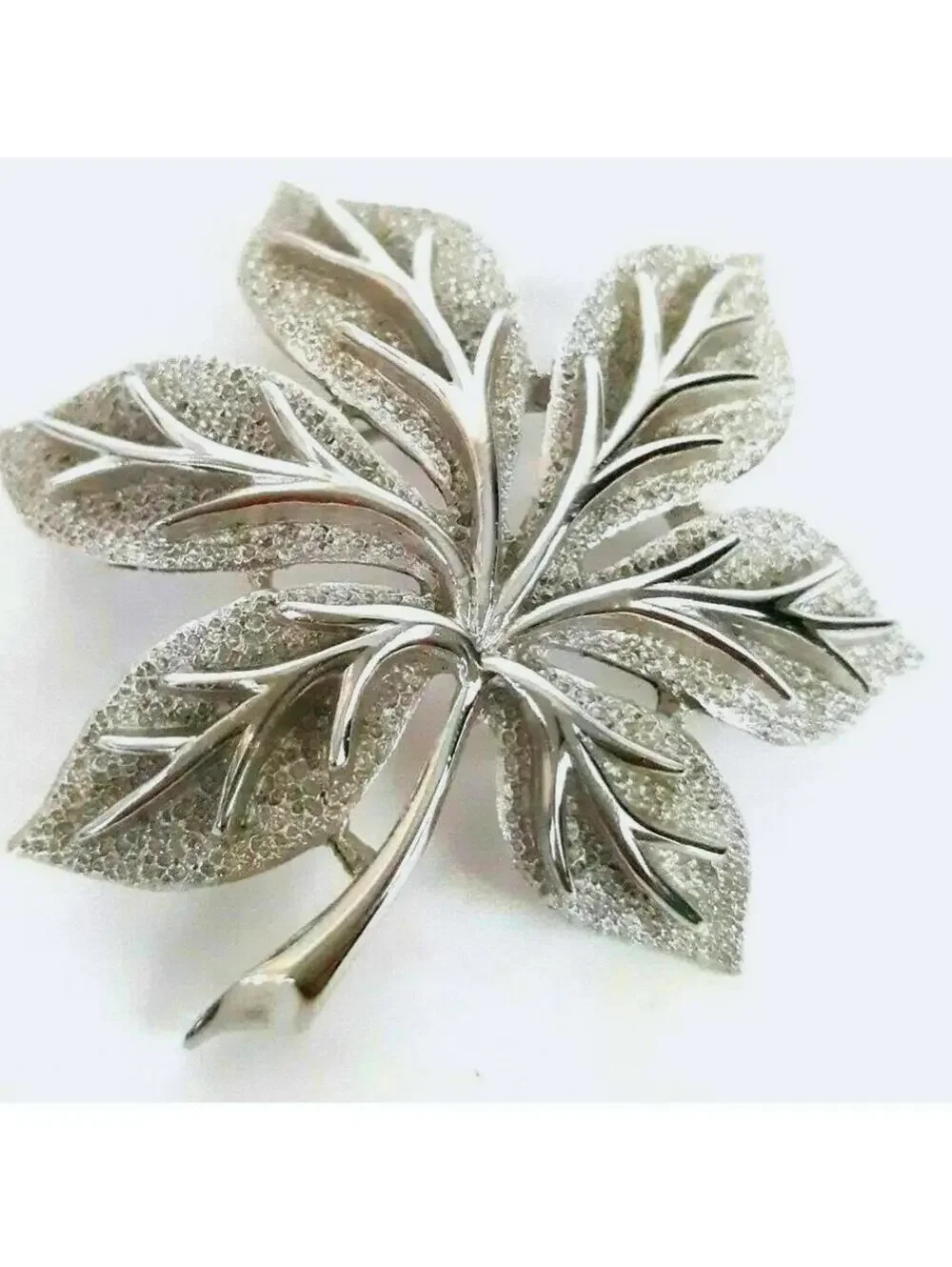 Crown Trifari Leaf Brooch Silver Tone Vintage Signed